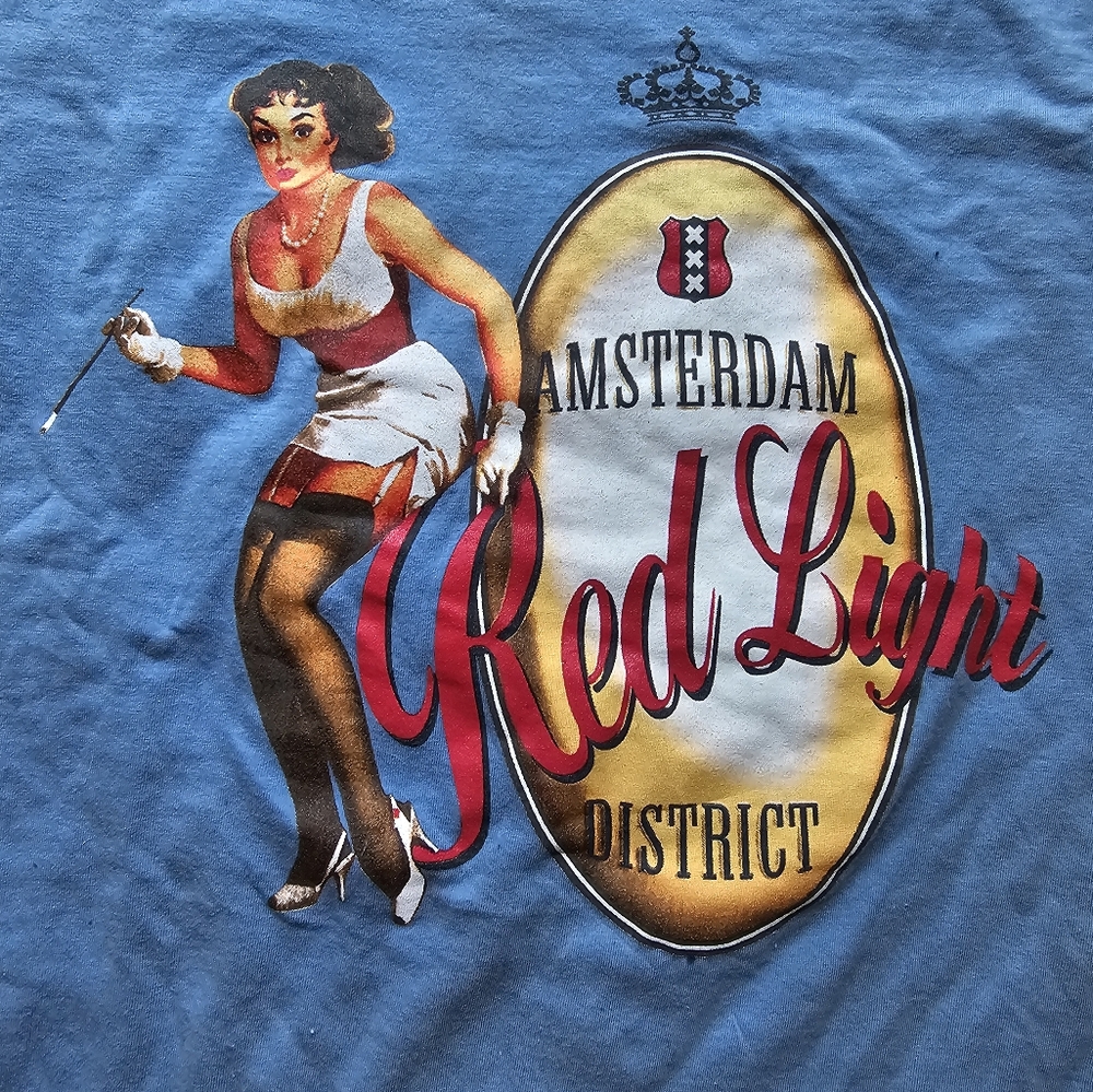 FOX VTG Y2K Cotton Blue Amsterdam Red Light District Graphic‎ Tee Sz L